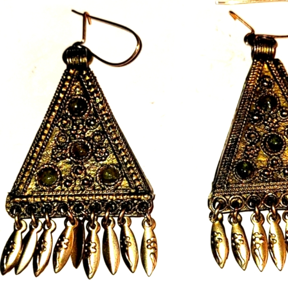 Vintage Brass with Green Stones Triangle Earrings Made in Israel